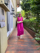 Vestido Pregas Linho Fúcsia