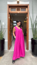 Vestido Pregas Linho Fúcsia