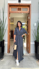 Vestido Chemisier Seda Pura Chumbo